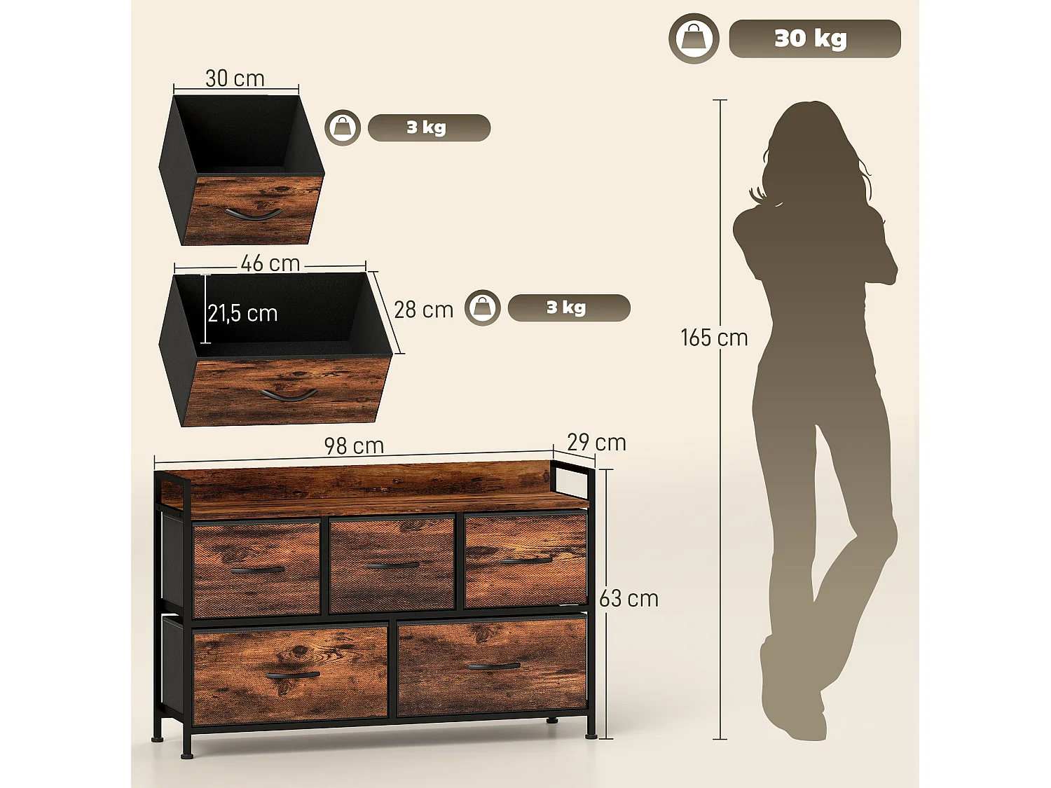 Commode 5 tiroirs et étagère - 98 x 29 x 63 cm - châssis métal noir tiroirs non tissés aspect bois vieilli