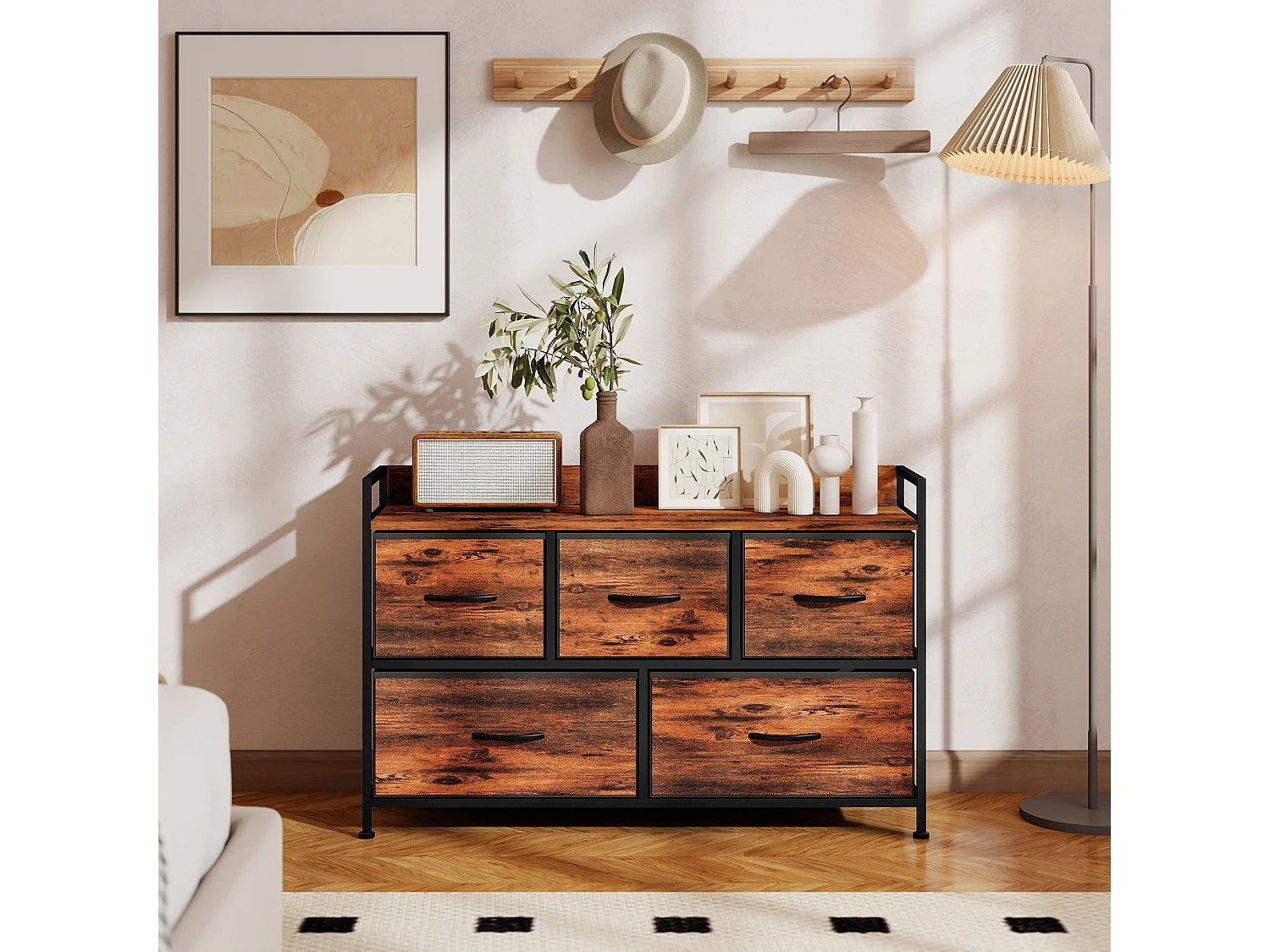 Commode 5 tiroirs et étagère - 98 x 29 x 63 cm - châssis métal noir tiroirs non tissés aspect bois vieilli