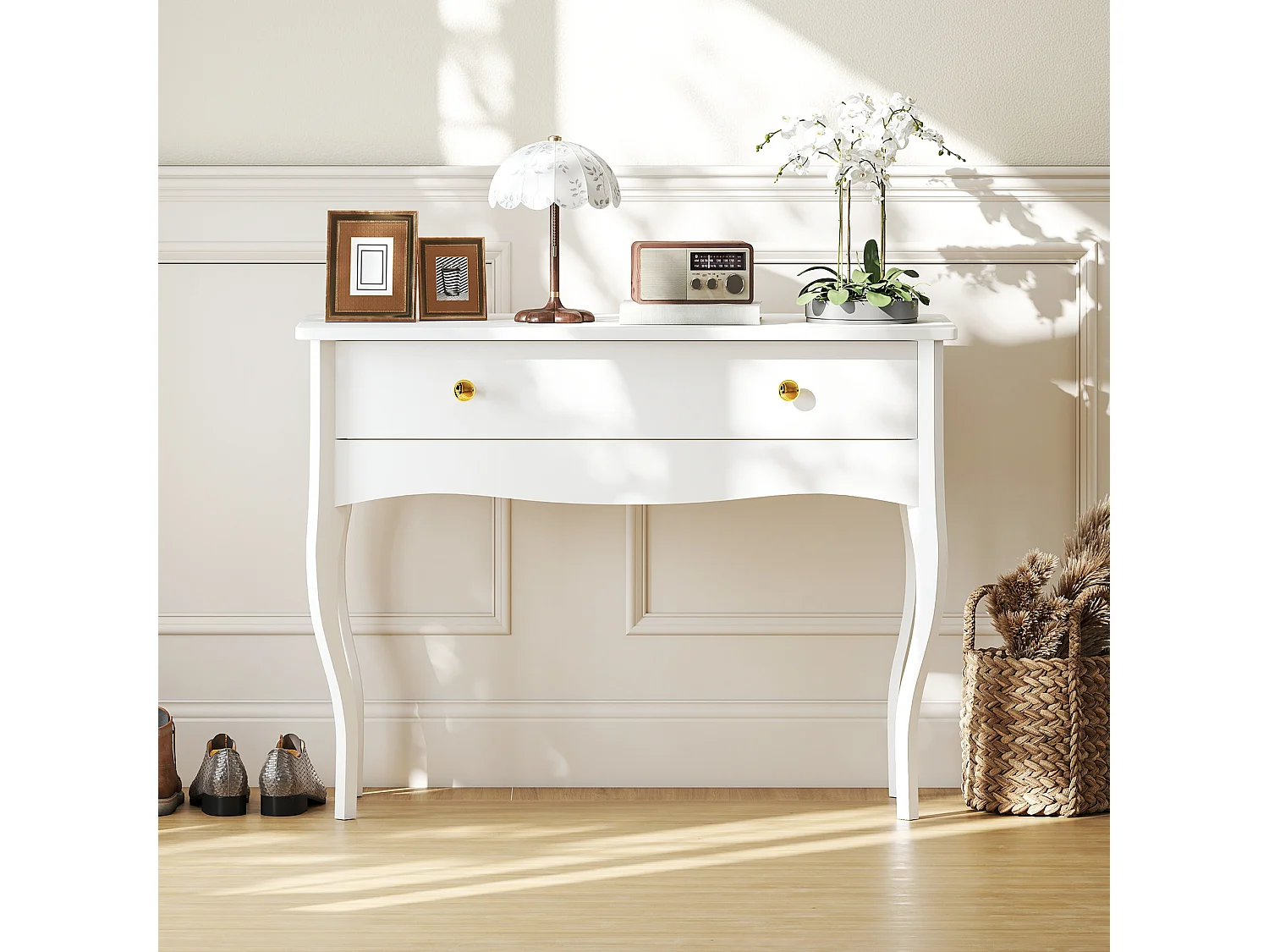 Coiffeuse style baroque néo-rétro dim. 100 x 40 x 74 cm grand tiroir blanc