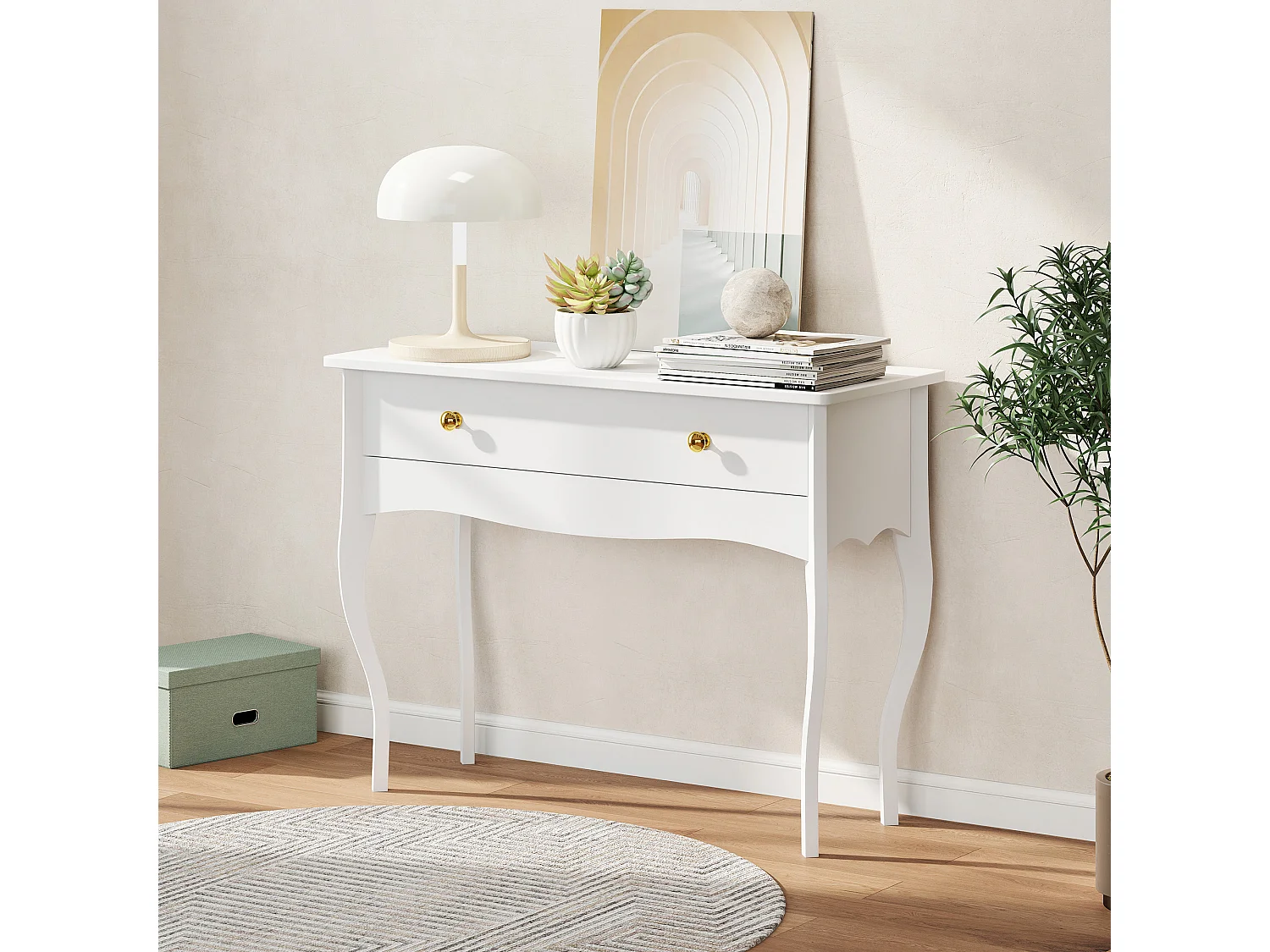 Coiffeuse style baroque néo-rétro dim. 100 x 40 x 74 cm grand tiroir blanc