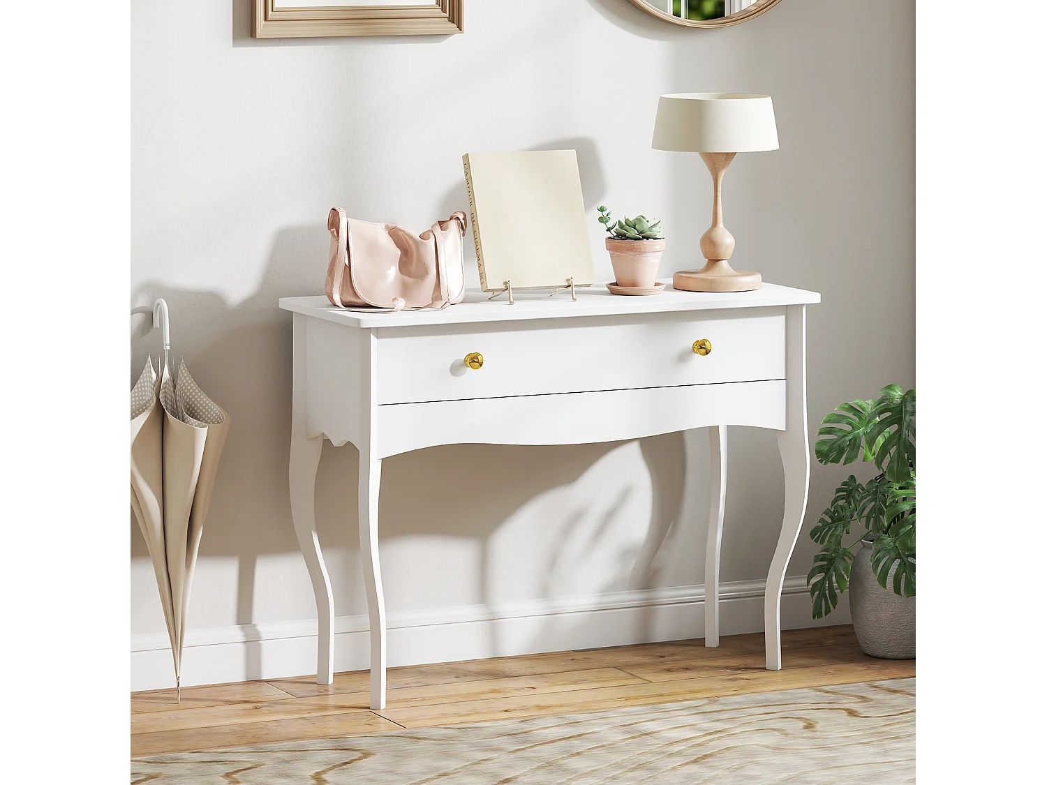 Coiffeuse style baroque néo-rétro dim. 100 x 40 x 74 cm grand tiroir blanc