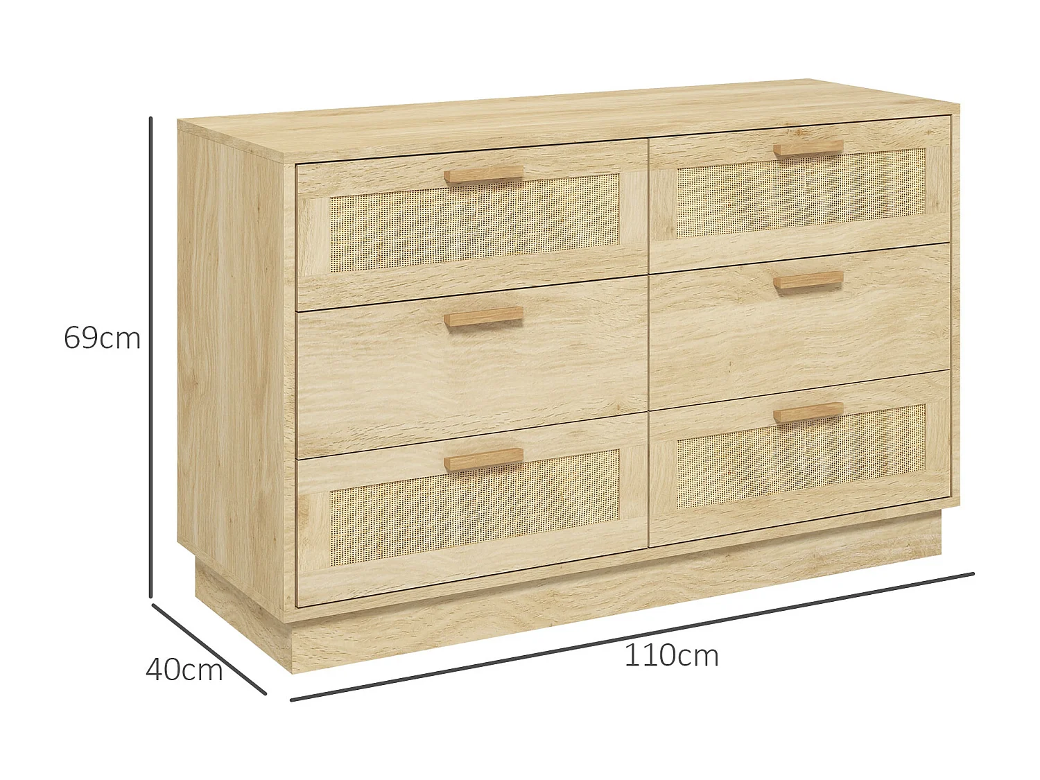 Commode 6 tiroirs style bohème chic rotin effet bois clair naturel dim. 110 x 40 x 69 cm