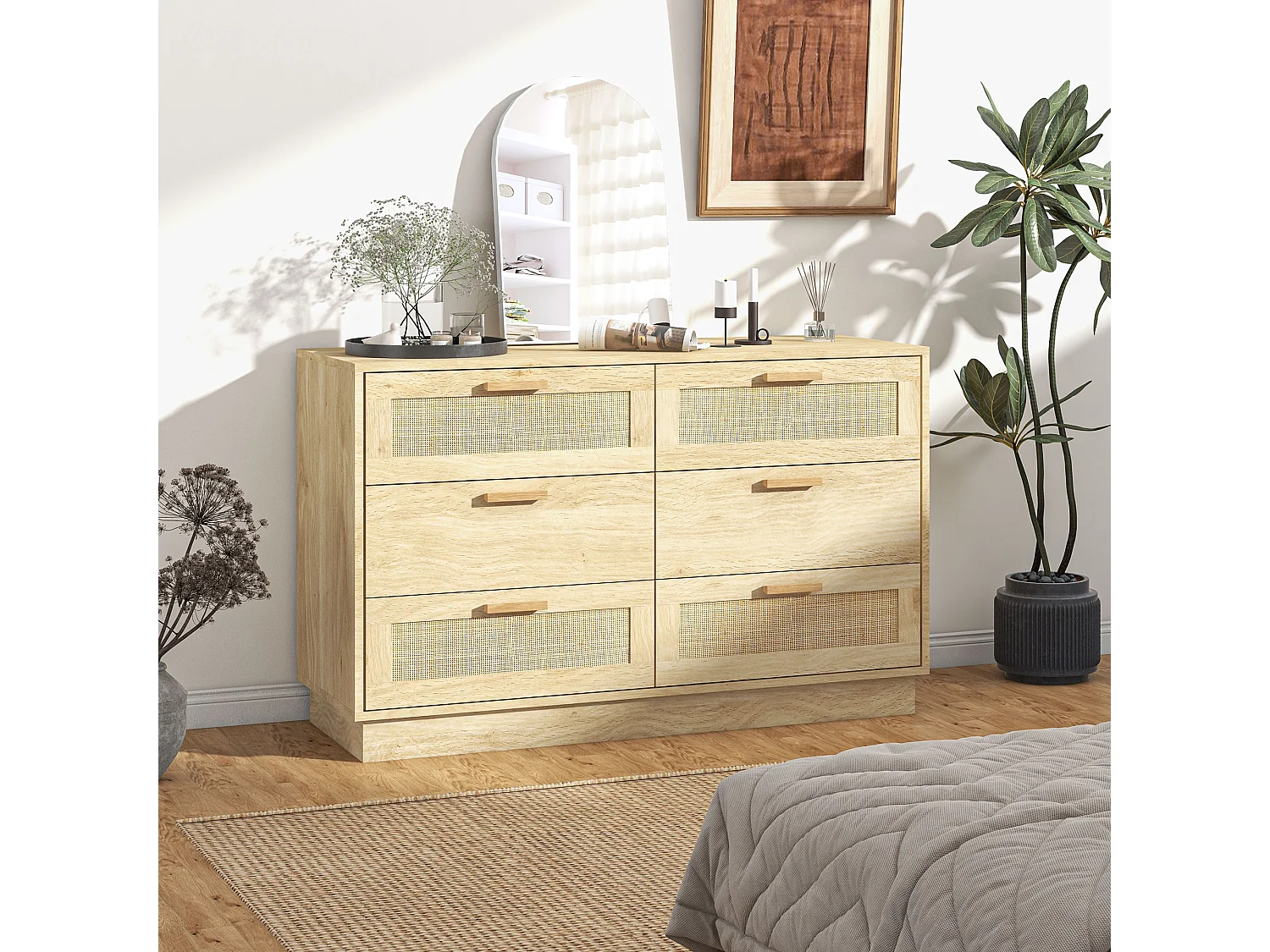 Commode 6 tiroirs style bohème chic rotin effet bois clair naturel dim. 110 x 40 x 69 cm