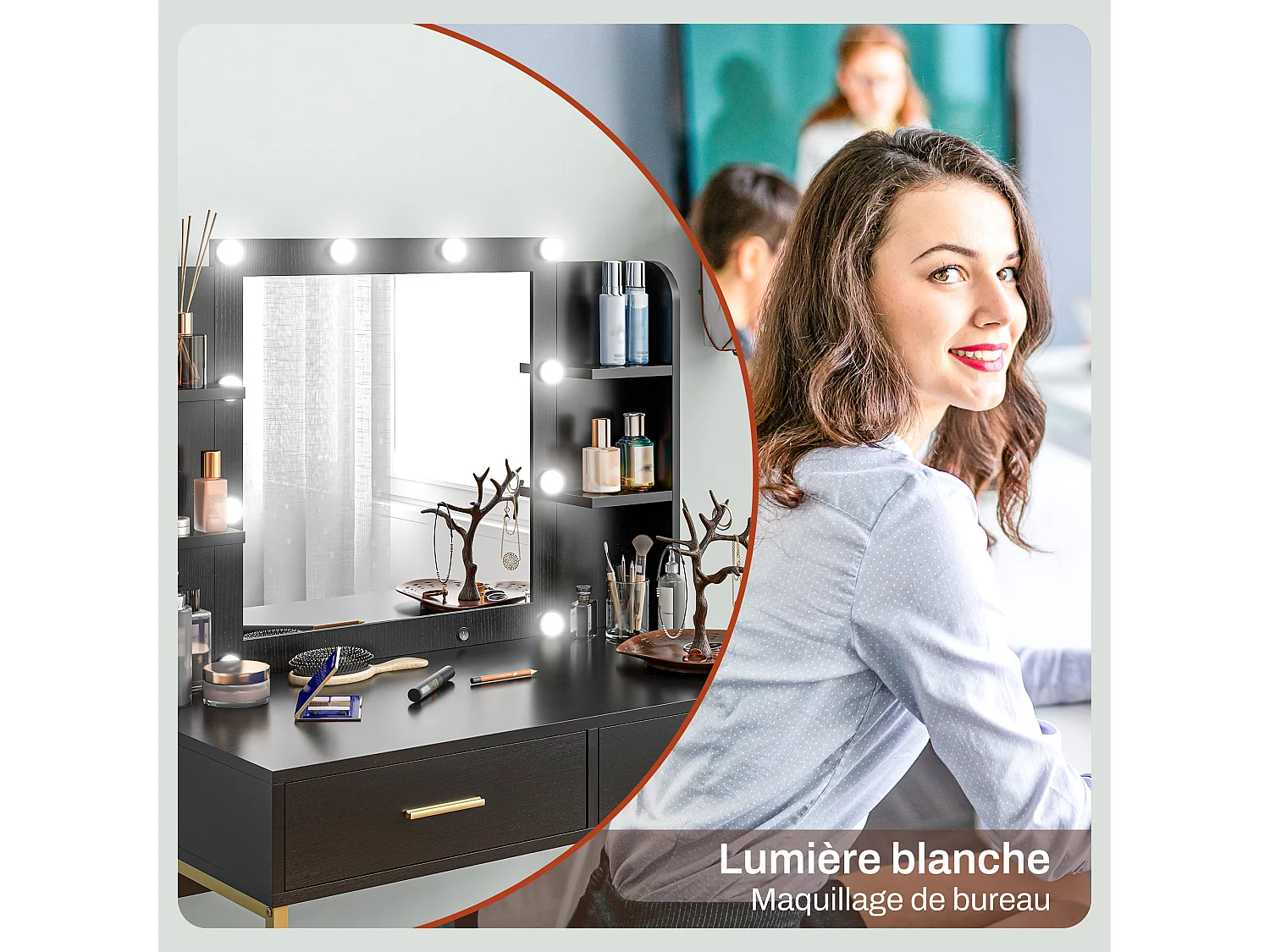 Ensemble coiffeuse miroir LED tabouret style art déco - 2 tiroirs, 4 étagères - acier doré bois noir