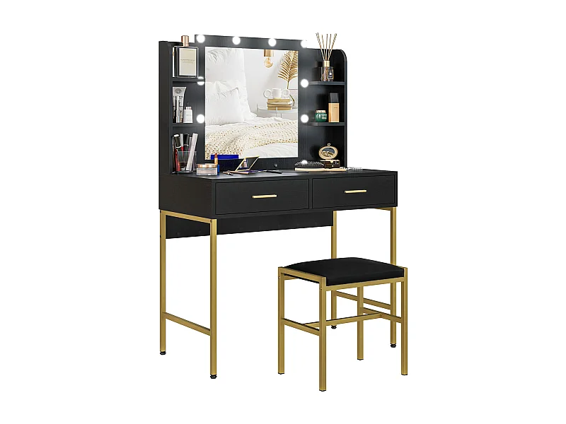Ensemble coiffeuse miroir LED tabouret style art déco - 2 tiroirs, 4 étagères - acier doré bois noir