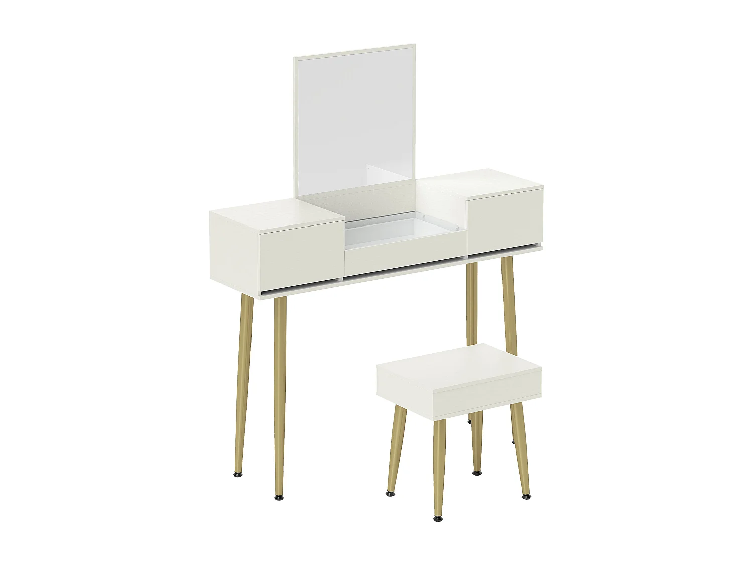 Ensemble coiffeuse tabouret coffre avec miroir design - 3 tiroirs, plateau verre trempé - métal doré blanc
