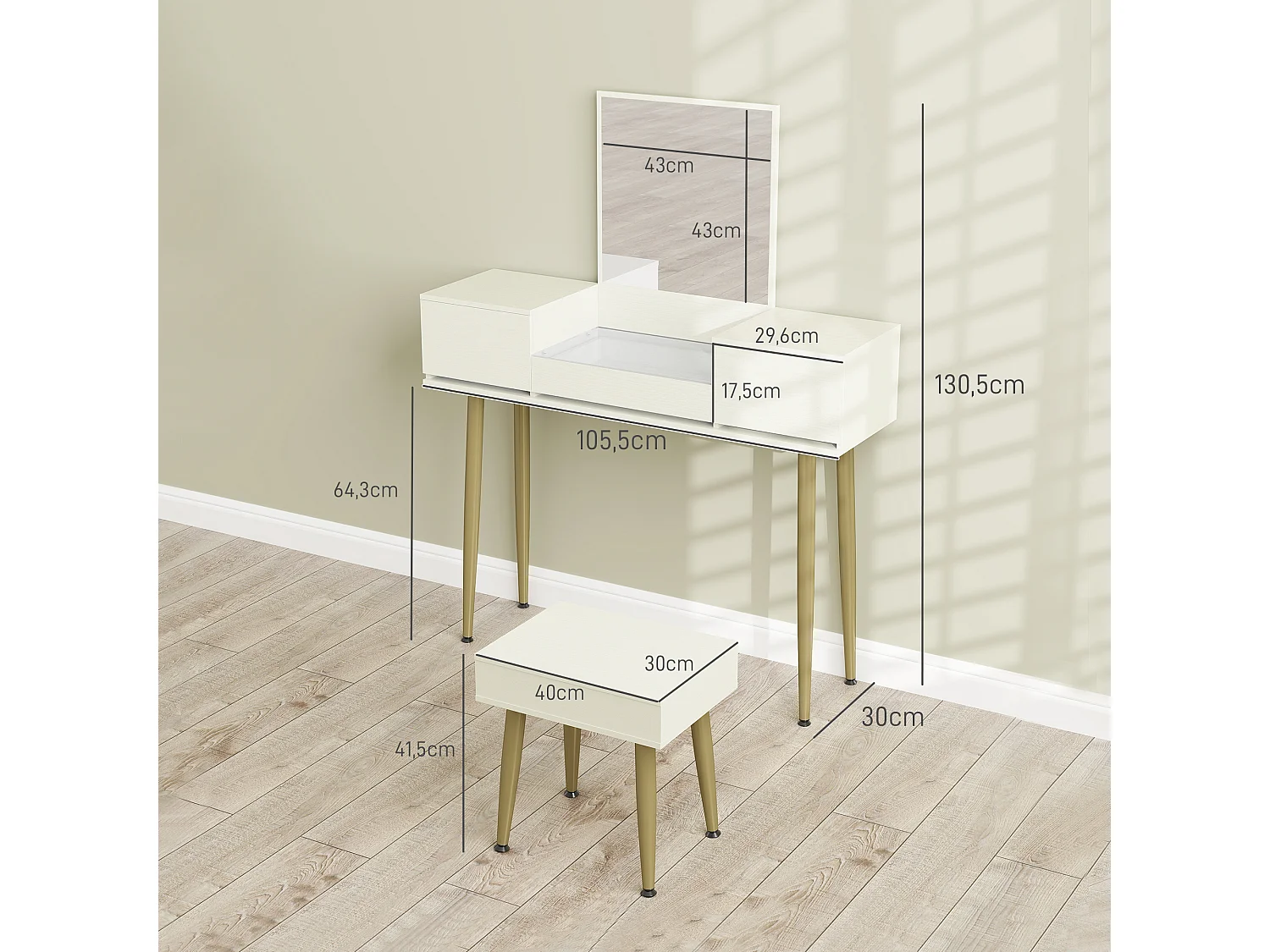Ensemble coiffeuse tabouret coffre avec miroir design - 3 tiroirs, plateau verre trempé - métal doré blanc