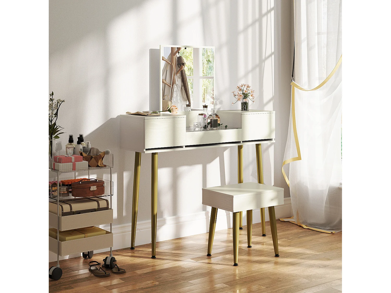 Ensemble coiffeuse tabouret coffre avec miroir design - 3 tiroirs, plateau verre trempé - métal doré blanc