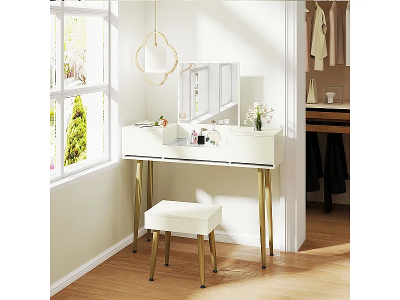 Ensemble coiffeuse tabouret coffre avec miroir design - 3 tiroirs, plateau verre trempé - métal doré blanc