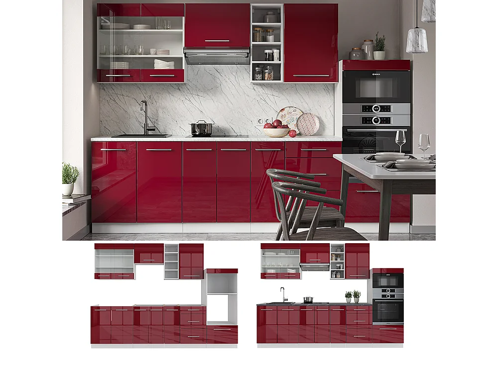 Mueble de cocina burdeos brillo intenso/blanco 280x60x81.6 fame-line