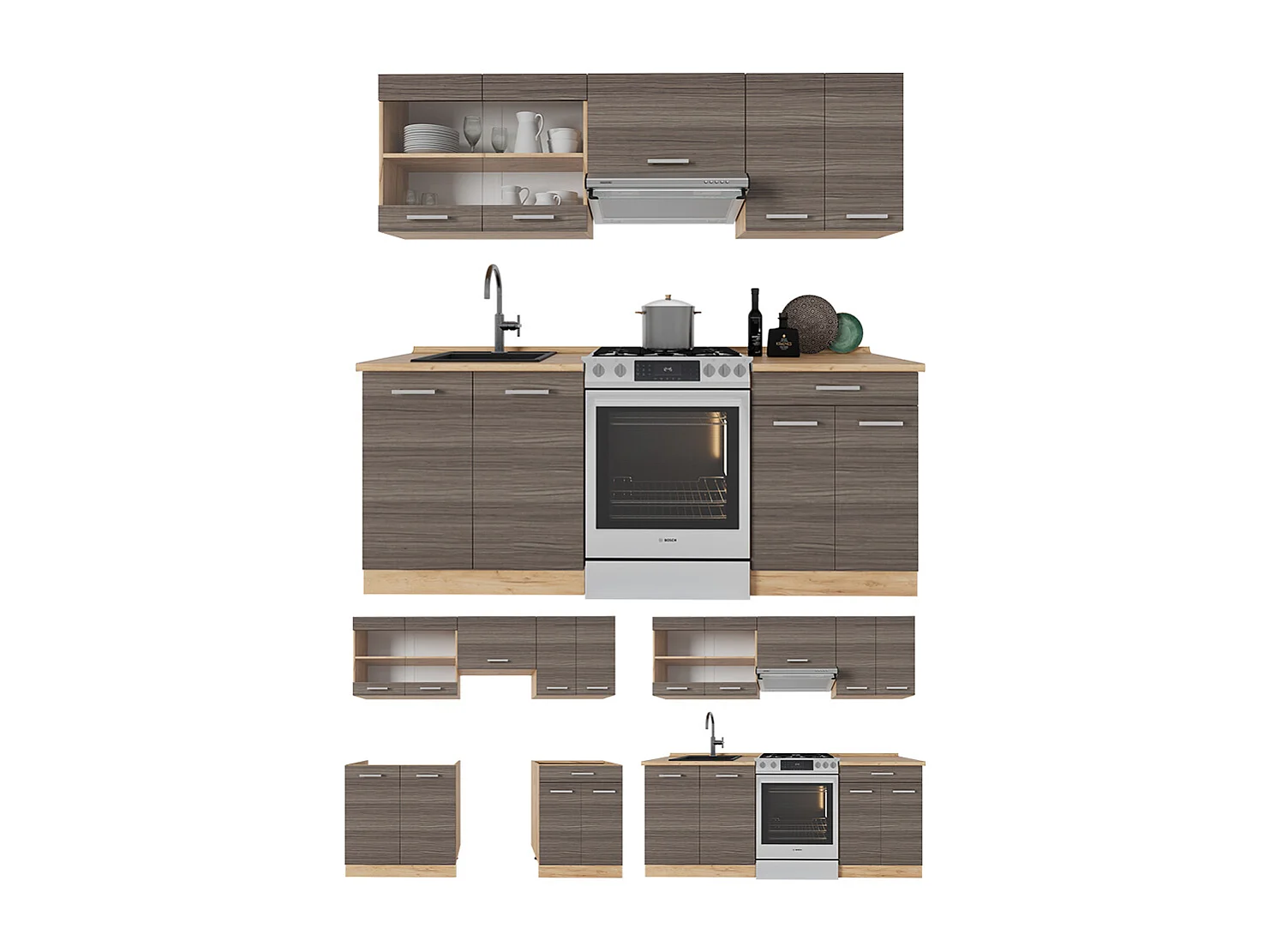 Cuisine gris noble/chêne doré 200x46x81.6 r-line
