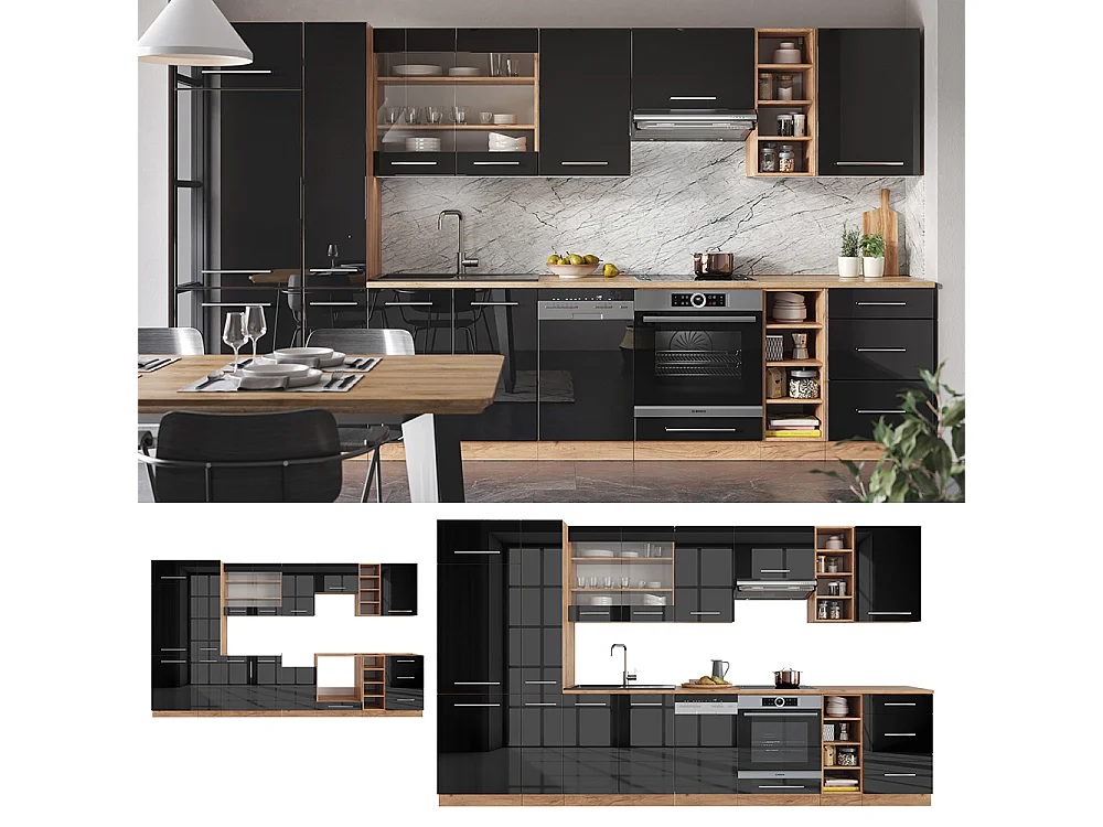 Cucina componibile antracite lucido/oro power oak 355x46x81.6 fame-line