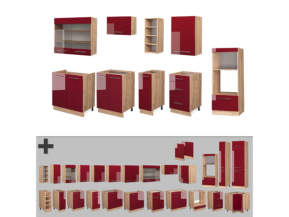 Cucina componibile bordeaux lucido/rovere dorato 280x60x81.6 fame-line