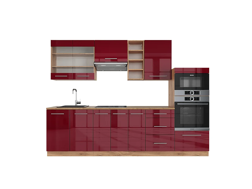 Køkkenrække bordeaux højglans/gylden eg 280x60x81.6 fame-line