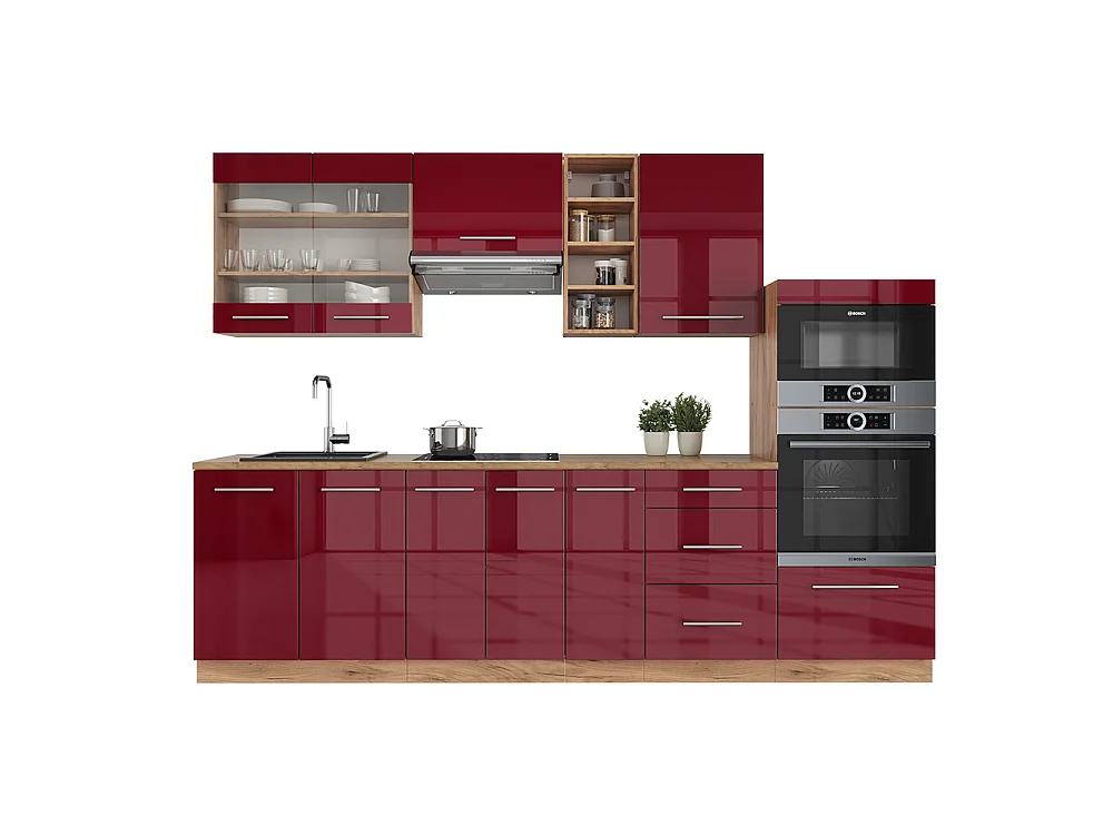 Køkkenrække bordeaux højglans/gylden eg 280x60x81.6 fame-line