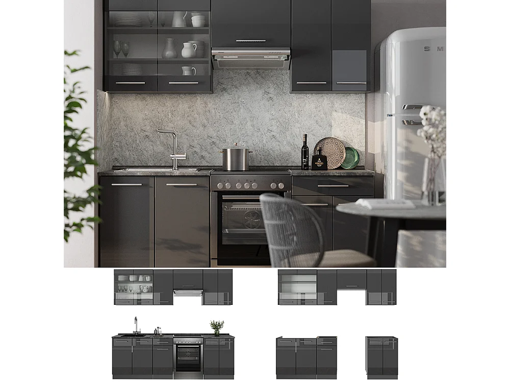 Mueble de cocina antracita alto brillo 240x46x81.6 fame-line