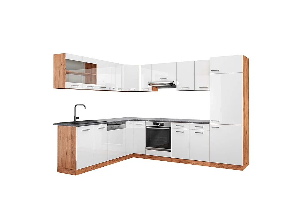 Cuisine en angle blanc haute brillance/chêne de force doré 287x60x81.6 r-line