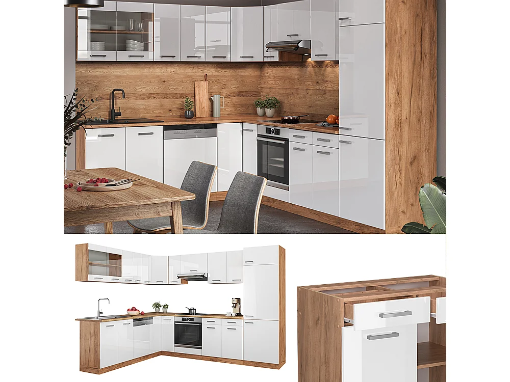 Cuisine en angle blanc haute brillance/chêne de force doré 287x60x81.6 r-line