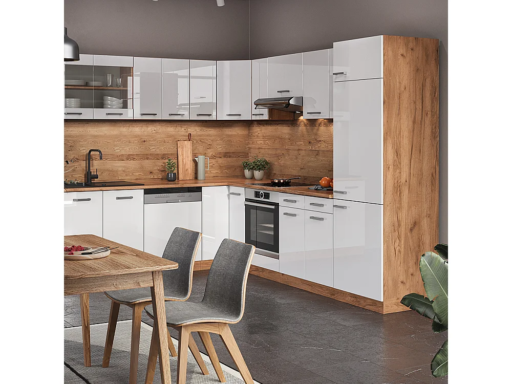 Cuisine en angle blanc haute brillance/chêne de force doré 287x60x81.6 r-line