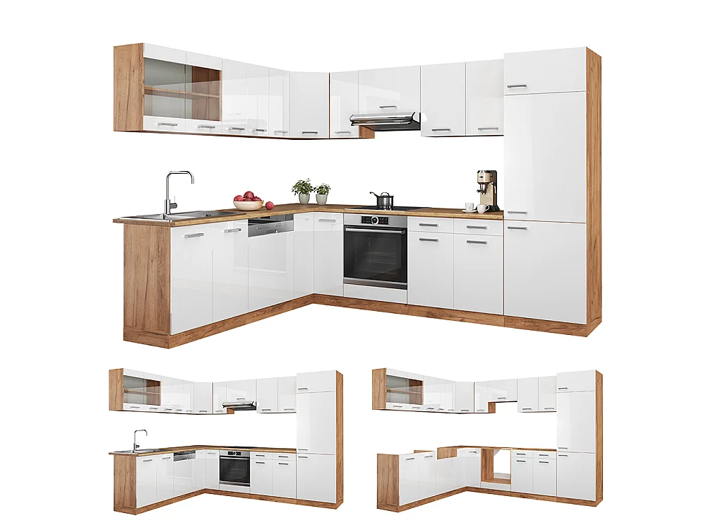 Cuisine en angle blanc haute brillance/chêne de force doré 287x60x81.6 r-line
