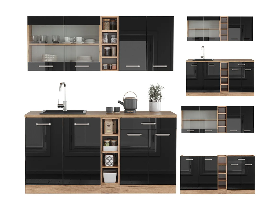 Cuisine noir brillant/chêne doré 160x46x81.6 r-line