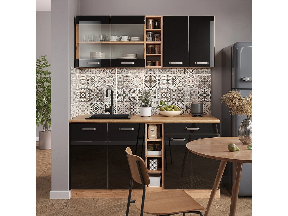 Enskilt kök svart högblank/goldkraft ek 160x60x81.6 r-line