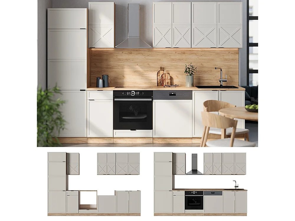 Mueble de cocina gris/beige/roble dorado 300x46x81.6 fame-line