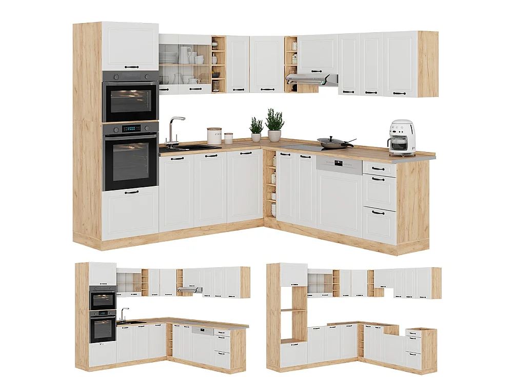 Hjørnekøkken hvid landhus/gylden eg 247x60x81.6 r-line