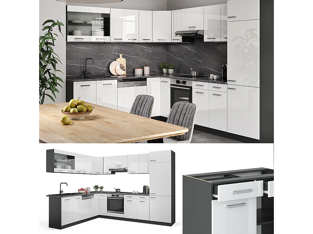 Cuisine en angle blanc haute brillance/anthracite 287x60x81.6 r-line