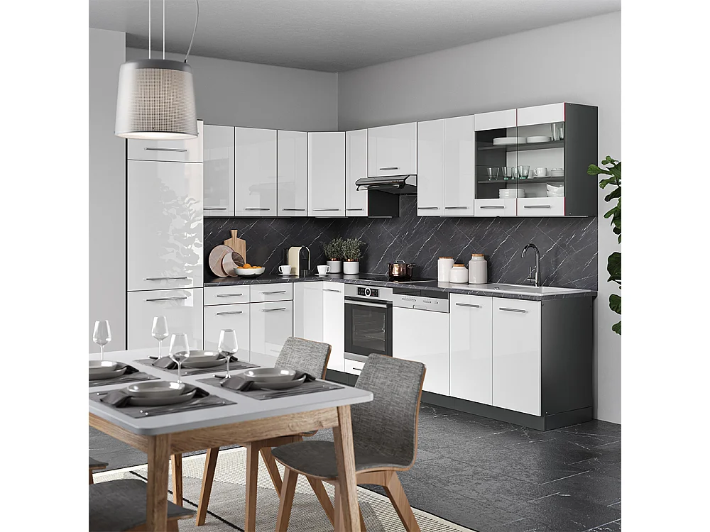 Cuisine en angle blanc brillant/anthracite 287x60x81.6 fame-line