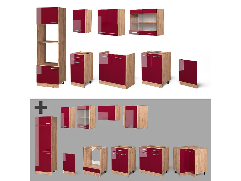 Cucina componibile rosso lucido/rovere dorato 300x60x81.6 r-line