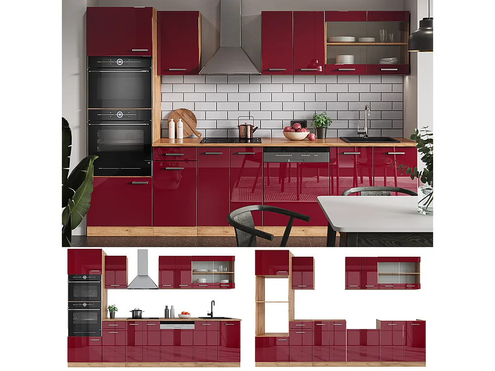 Cucina componibile rosso lucido/rovere dorato 300x60x81.6 r-line