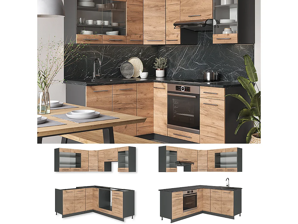 Cocina esquinera oro power roble/antracita 190x46x81.6 fame-line