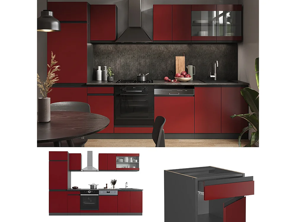 Complete keukeneenheid rood/antraciet 300x60x81.6 r-line