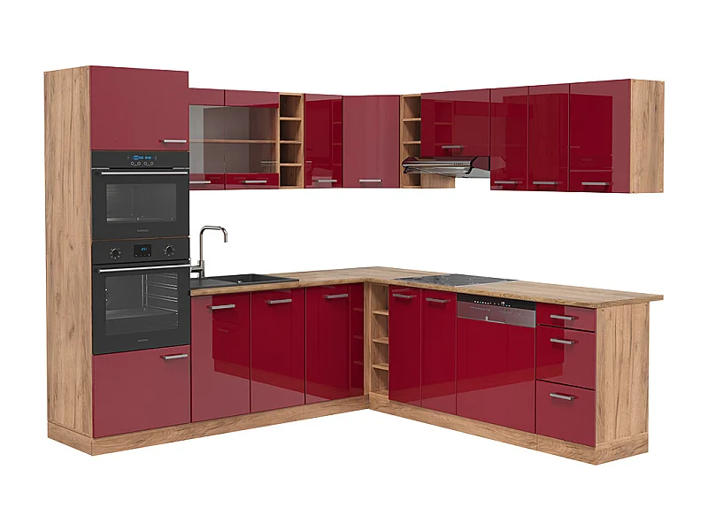 Cuisine en angle rouge brillant/chêne doré 247x60x81.6 r-line