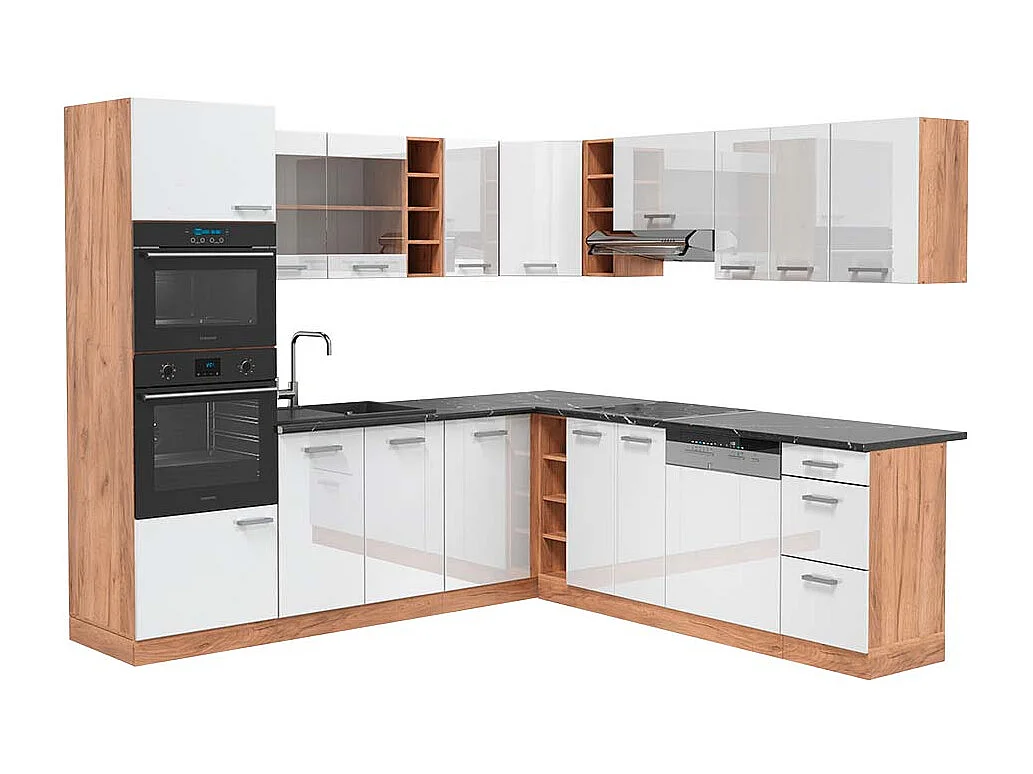 Cuisine en angle blanc brillant/chêne doré 247x60x81.6 r-line