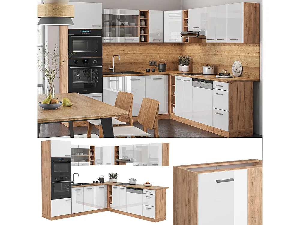 Cuisine en angle blanc brillant/chêne doré 247x60x81.6 r-line