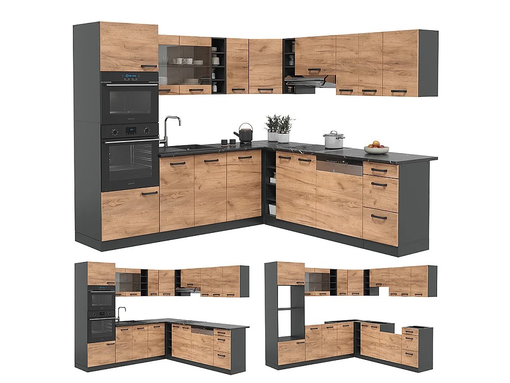 Cuisine en angle anthracite/chêne doré 247x60x81.6 r-line