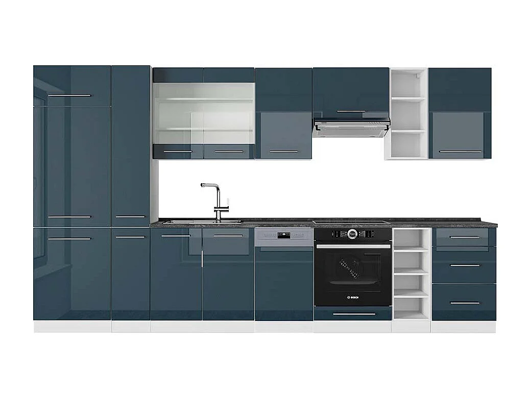 Mueble de cocina azul oscuro alto brillo/blanco 355x60x81.6 fame-line