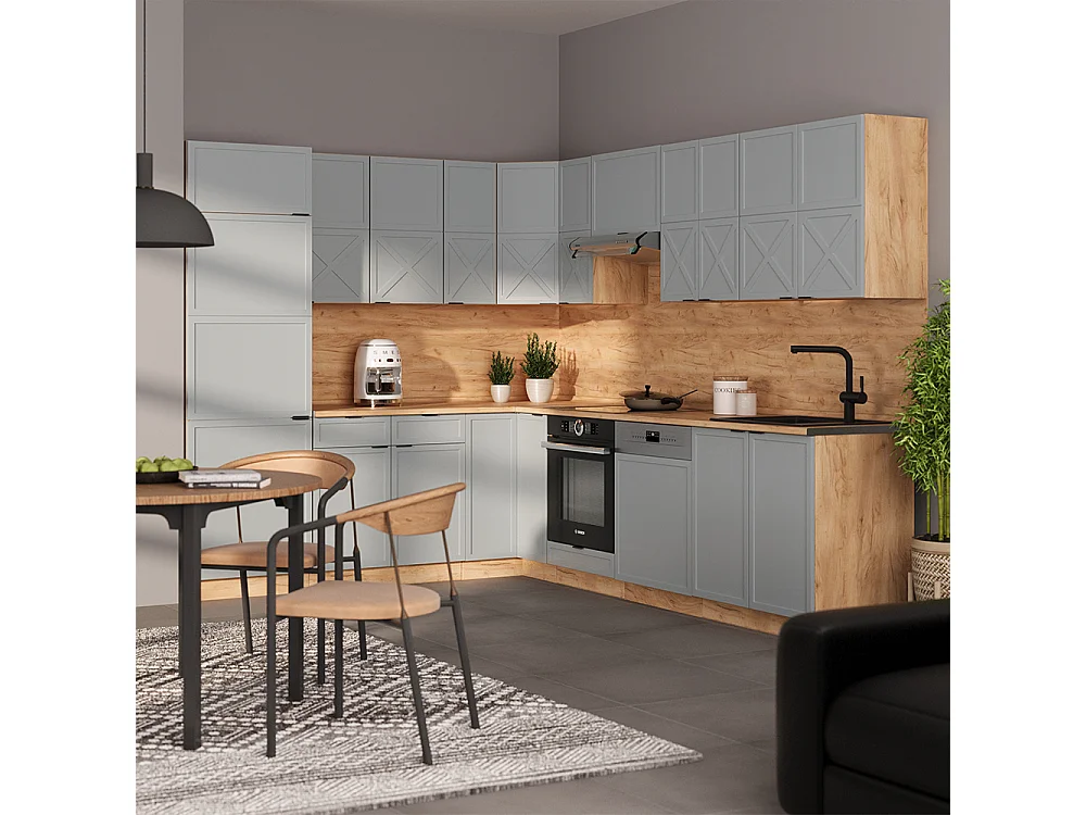 Cuisine en angle bleu clair-gris/chêne force dor 227x60x81.6 fame-line