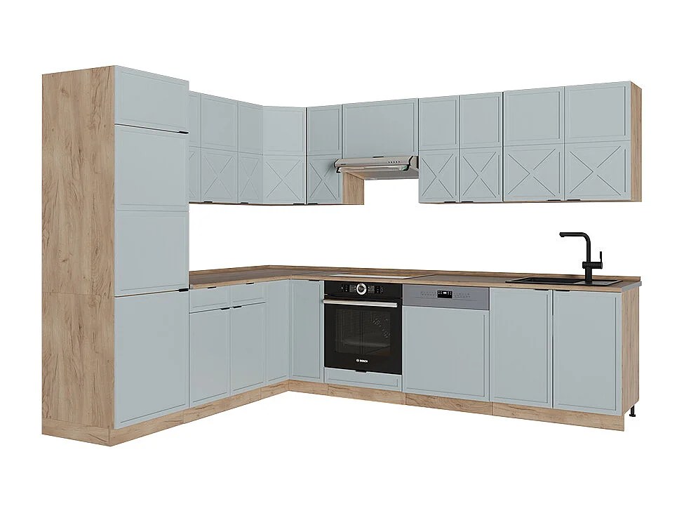Cuisine en angle bleu clair-gris/chêne force dor 227x60x81.6 fame-line