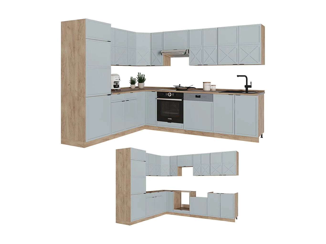 Cuisine en angle bleu clair-gris/chêne force dor 227x60x81.6 fame-line