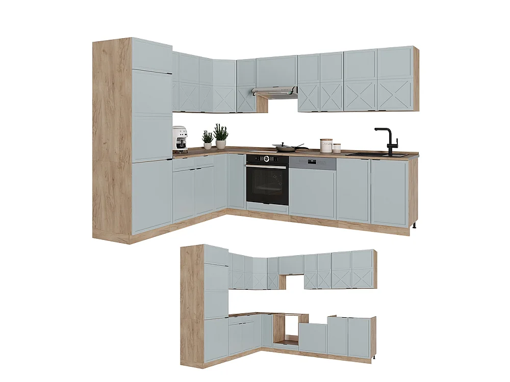 Hjørnekøkken lys blågrå/gylden eg 287x60x81.6 fame-line