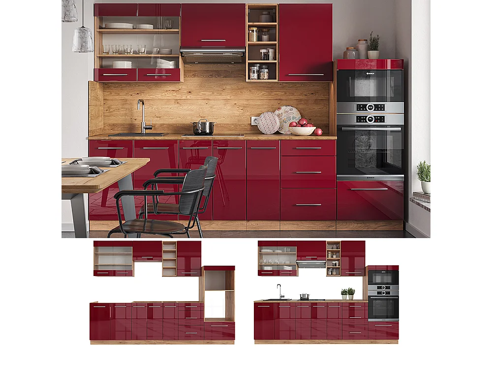 Mueble de cocina burdeos brillo intenso/roble dorado 280x60x81.6 fame-line