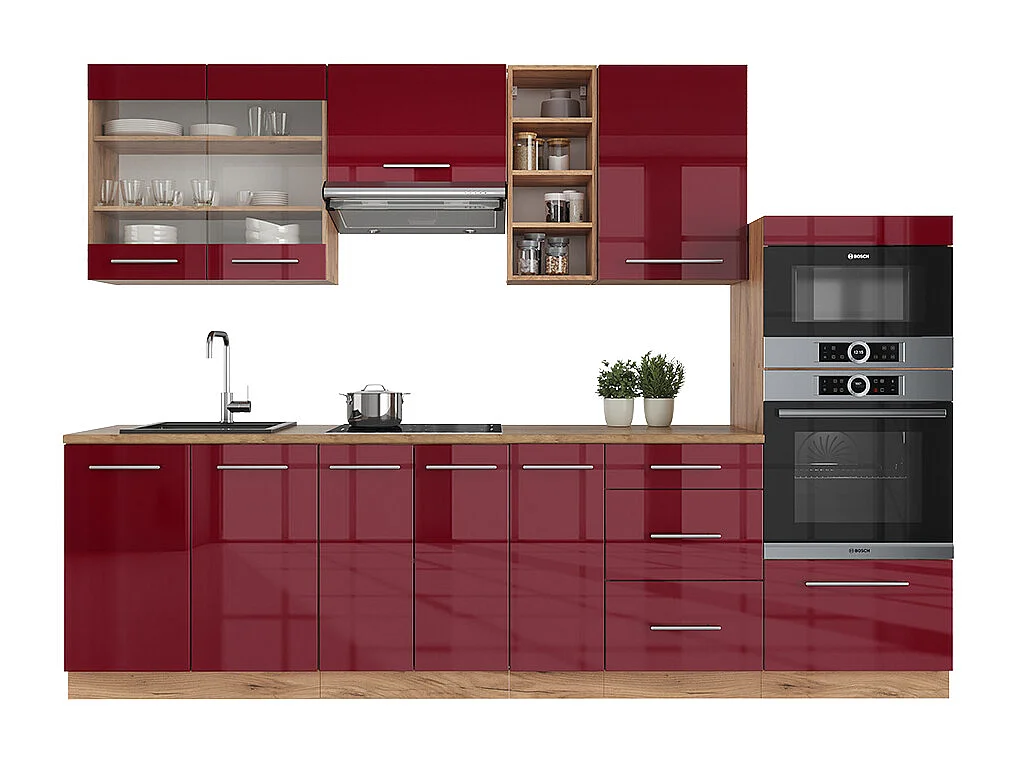 Cuisine bordeaux brillant/chêne doré 280x60x81.6 fame-line