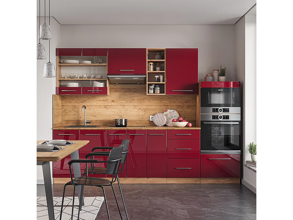 Cuisine bordeaux brillant/chêne doré 280x60x81.6 fame-line