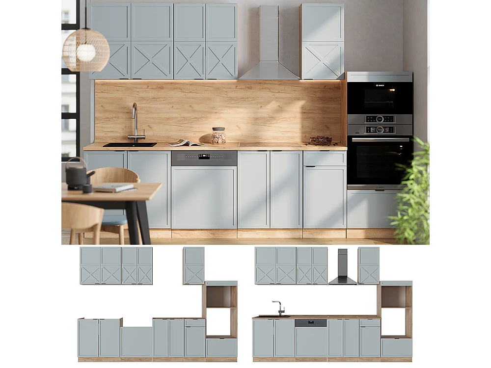 Cuisine bleu clair-gris/chêne force dor 300x60x81.6 fame-line