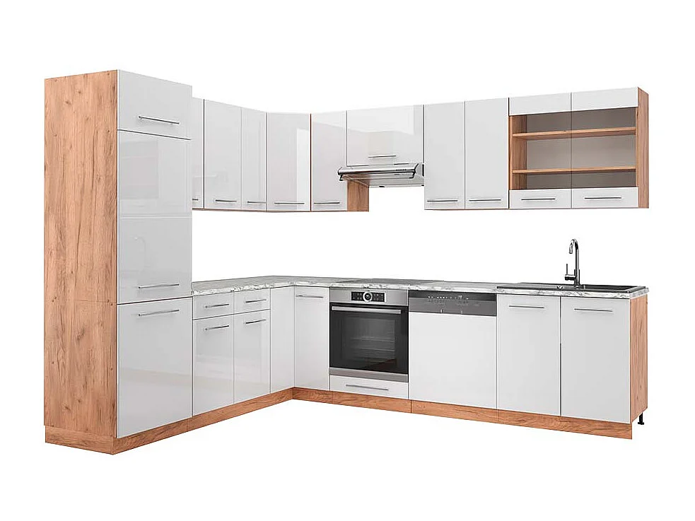 Eckküche weiß hochglanz/goldkraft eiche 227x60x81.6 fame-line