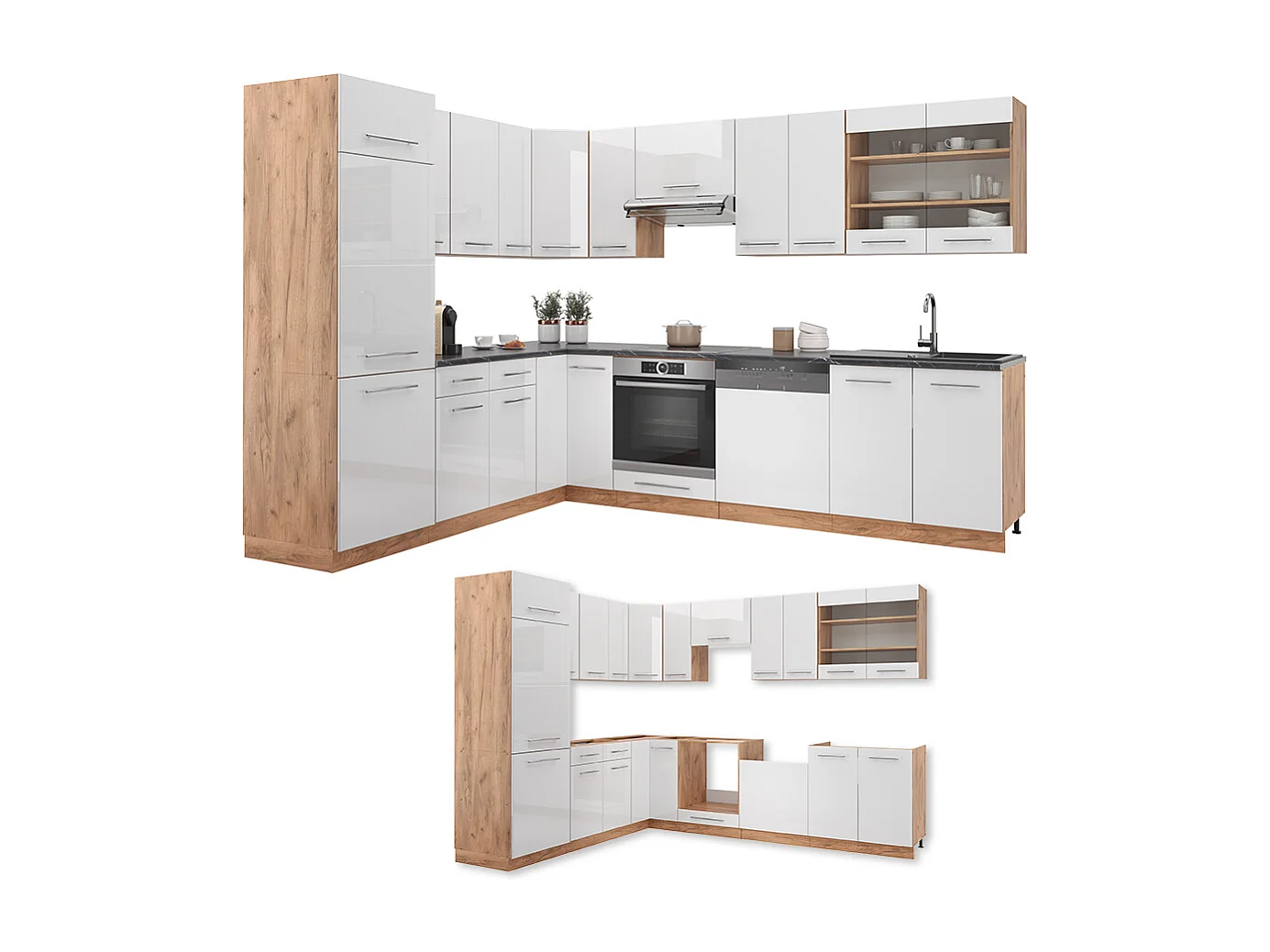 Eckküche weiß hochglanz/goldkraft eiche 227x60x81.6 fame-line