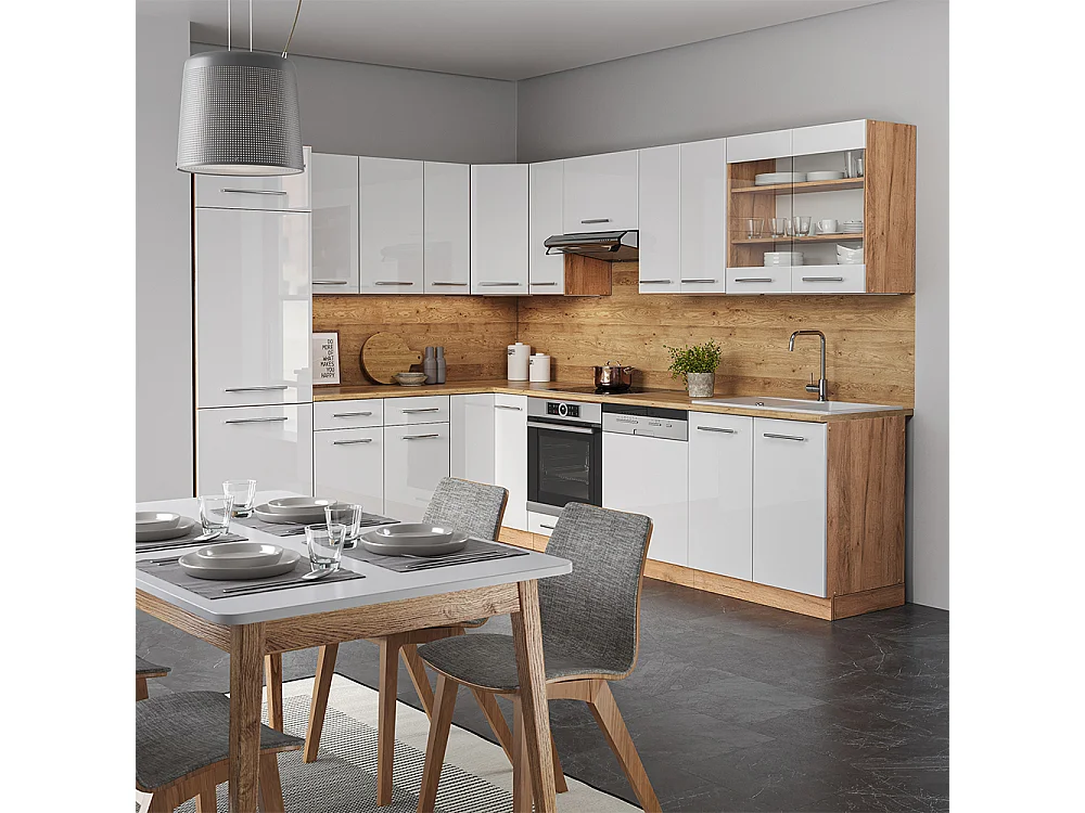 Cuisine en angle blanc brillant/chêne doré 227x60x81.6 fame-line